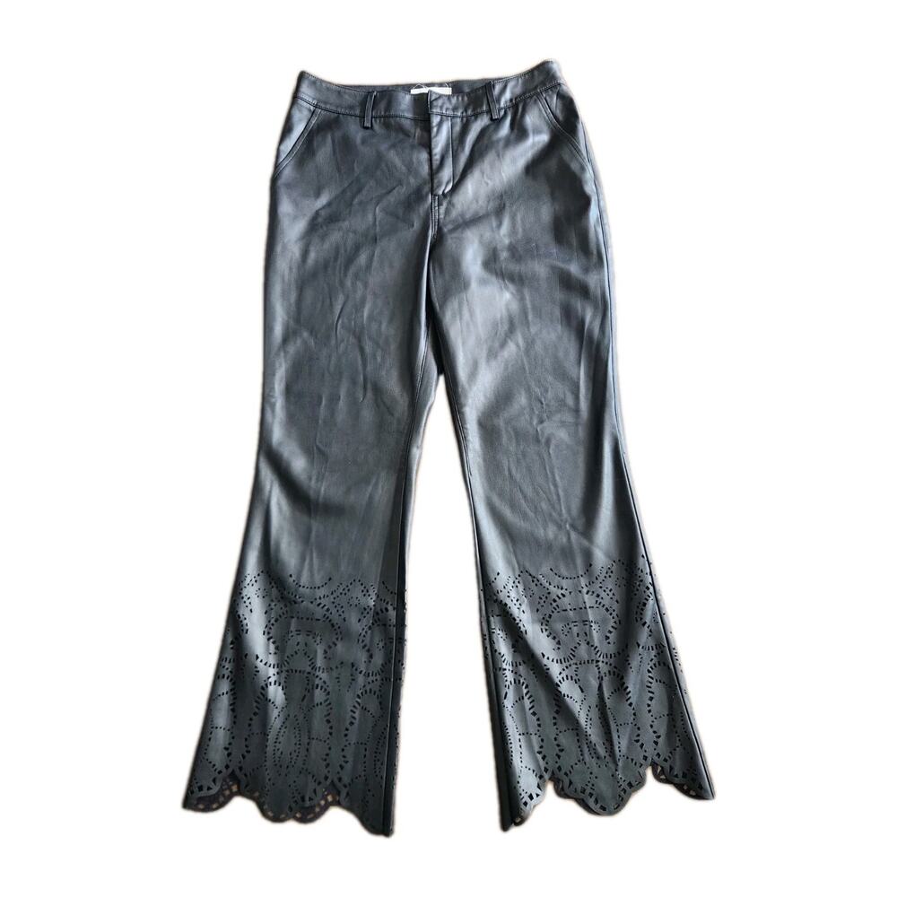 Anthropologie Laser-Cut Faux Leather High Rise Trousers Crop Pants Black Size 6 - Picture 2 of 10